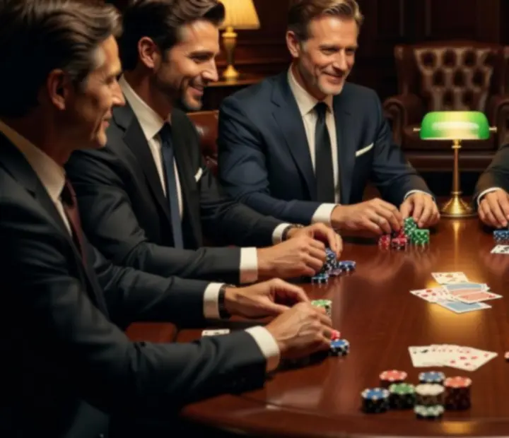 Groupe d'amis rassemblés autour d'une table de poker dans un salon chaleureux