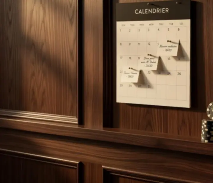 Calendrier d'événements premium dans une ambiance de salon de cartes élégant