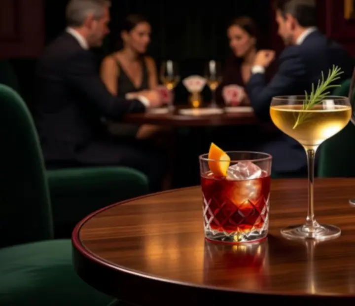 Cocktails artisanaux et verres de vin disposés dans le salon de cartes