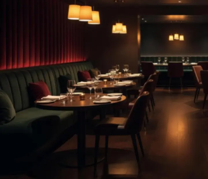 Intérieur élégant de restaurant et espace poker à la lumière ambrée