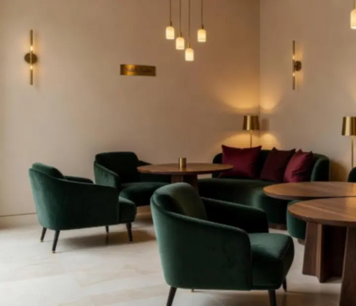 Décor chaleureux du restaurant Vallée Noire avec bois, laiton et lumière ambrée