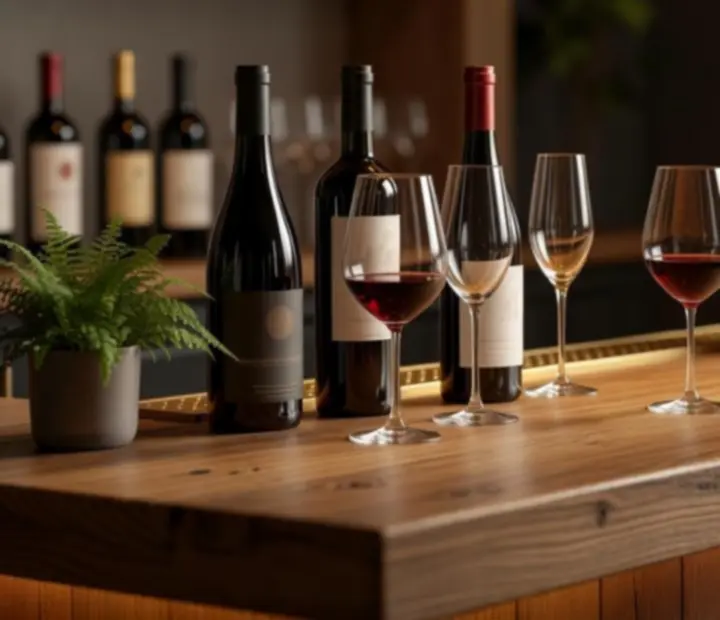 Sélection de vins servis dans des verres en cristal sur une table en bois