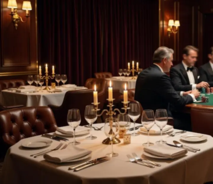 Ambiance raffinée d’une salle de restaurant avec lumière ambrée, bois et laiton