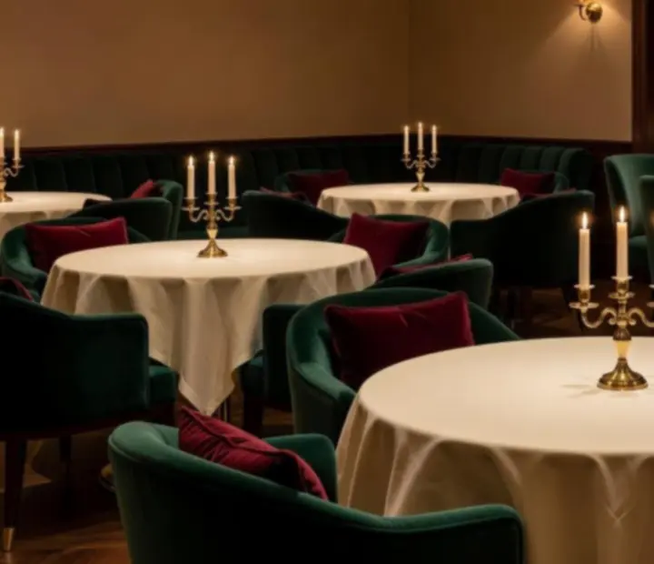 Table dressée dans un restaurant élégant avec jetons de poker et cartes discrètement posés