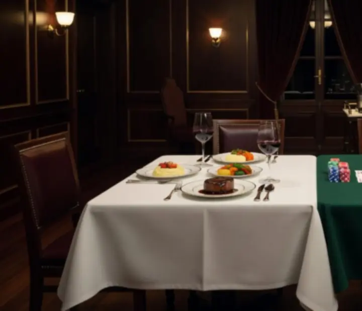 Table de restaurant attenante à un espace de poker avec cartes et jetons