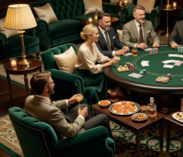 Salon de cartes feutré avec sièges confortables et tables de poker