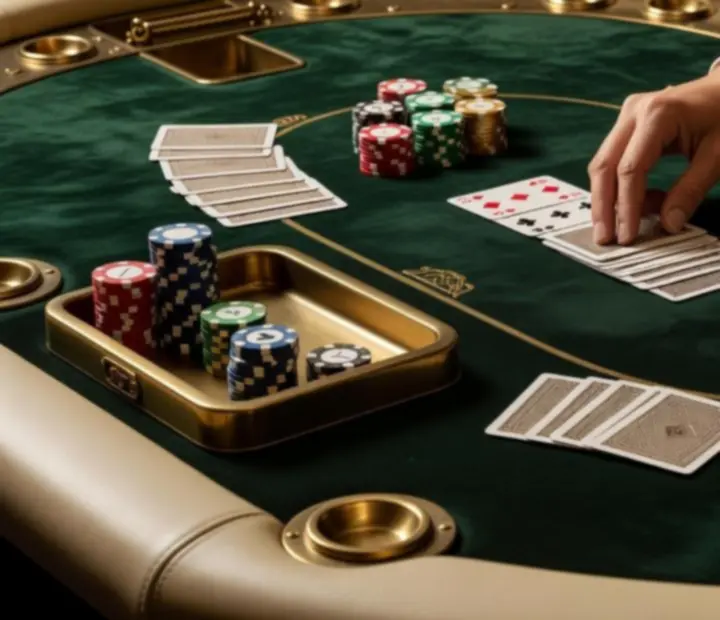 Détail d'une table de poker avec cartes et jetons
