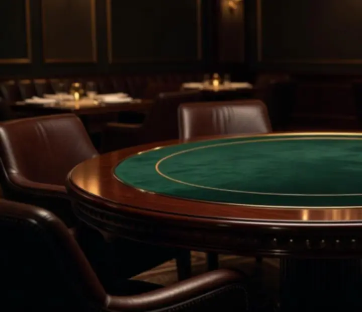 Table de poker élégante en bois sombre avec jetons et cartes dans le salon de cartes Vallée Noire